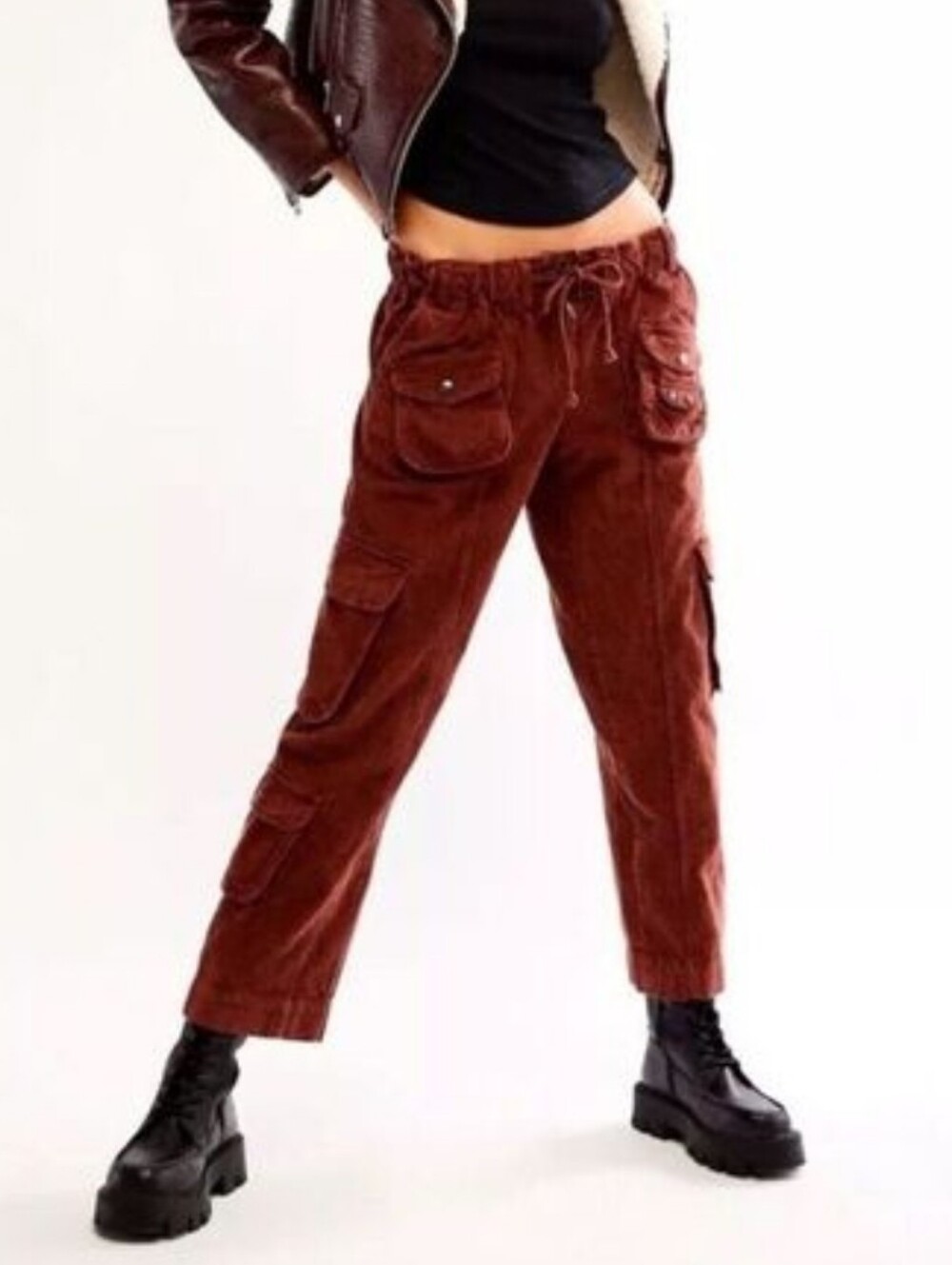 Free People Cord Cargo Utility Pants Boho Slouchy Grunge Rust Brown L **FLAW